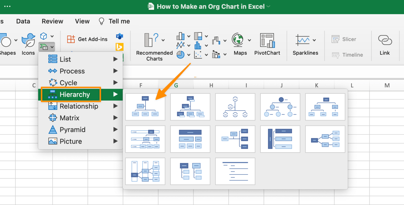 use org chart shapes from the insert tab in excel