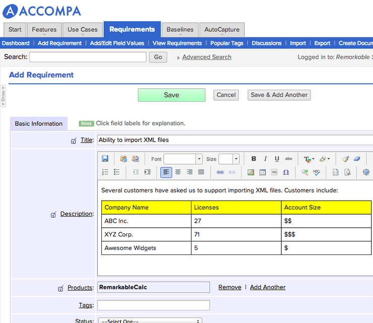 Accompa Requirements Management Example