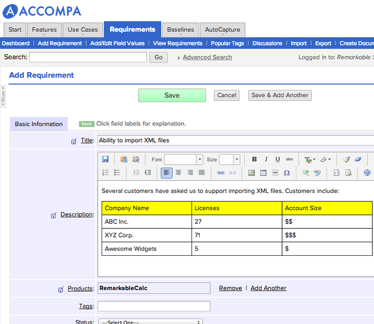 Accompa Ejemplo de gestión de requisitos