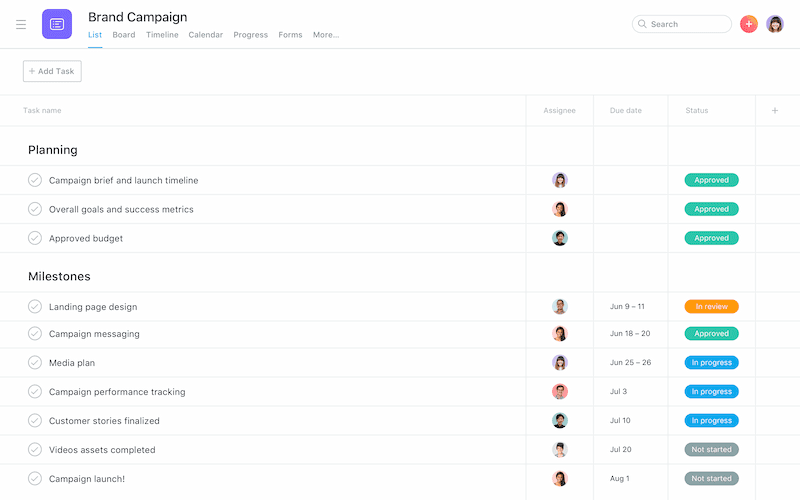 Ejemplo de producto de calendario de equipo de Asana