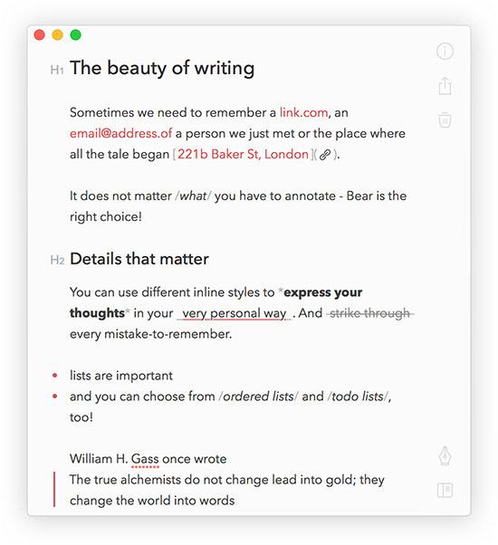 Ejemplo de interfaz de usuario de Bear App en Mac