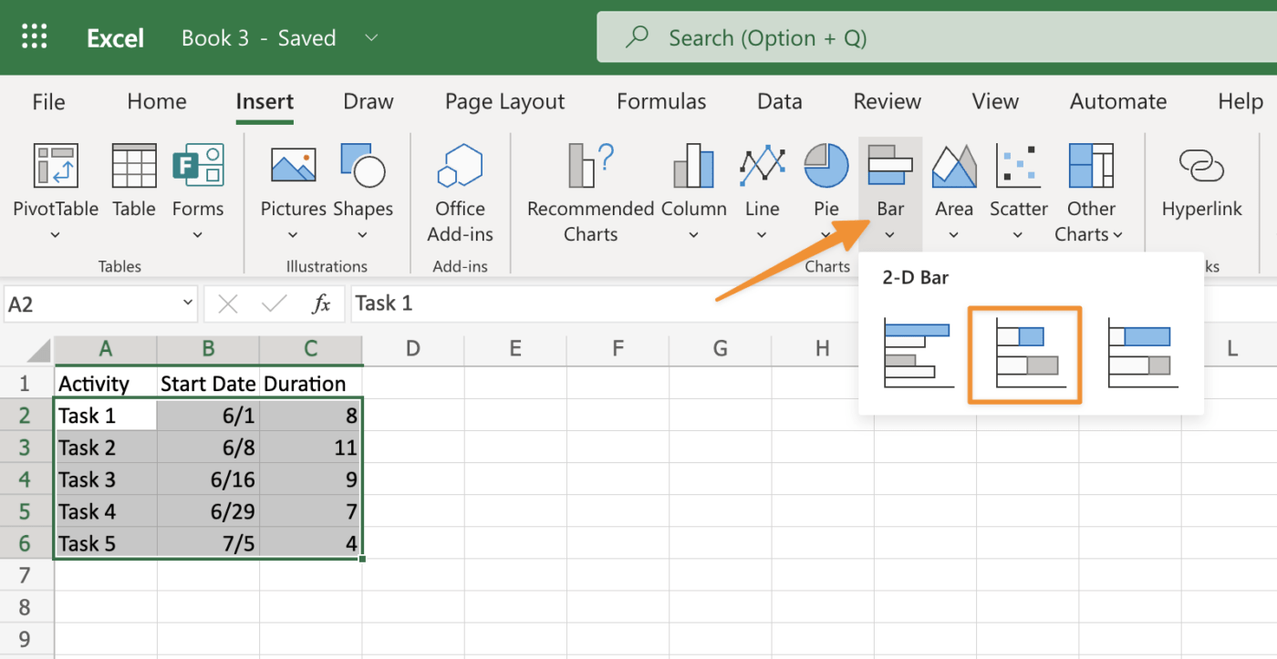 pilih diagram batang bertumpuk untuk membuat diagram gantt