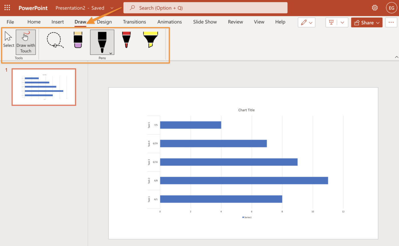 ejemplo de (diagrama de) Gantt en powerpoint usando un gráfico de barras apiladas