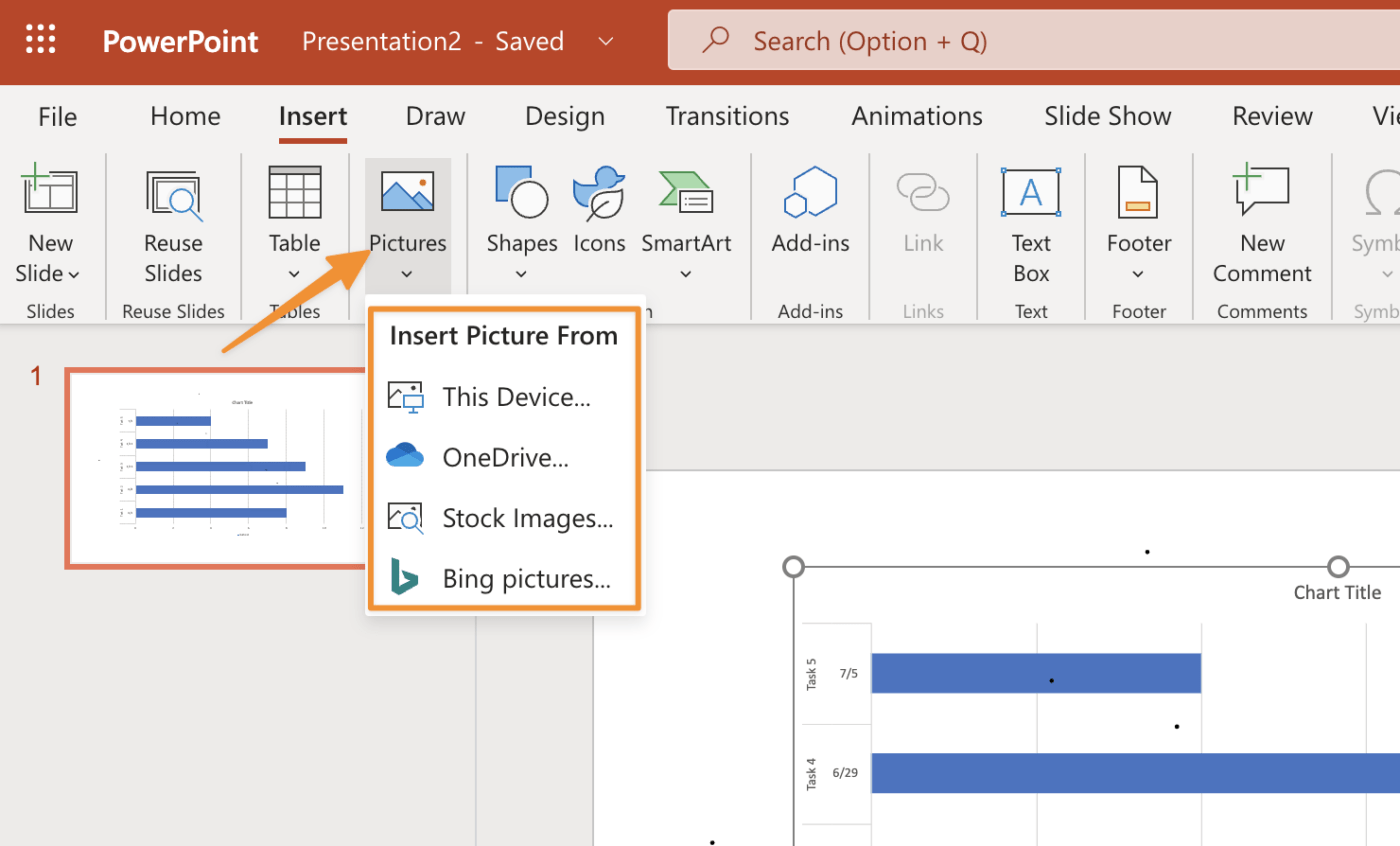 adicione mídia para criar uma apresentação dinâmica em PowerPoint de gráfico de Gantt com dados do cronograma do projeto