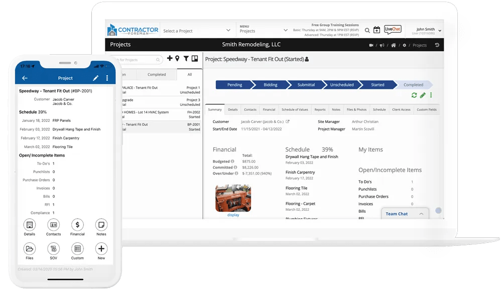 Construction management software for small business: Contractor Foreman's desktop and mobile views