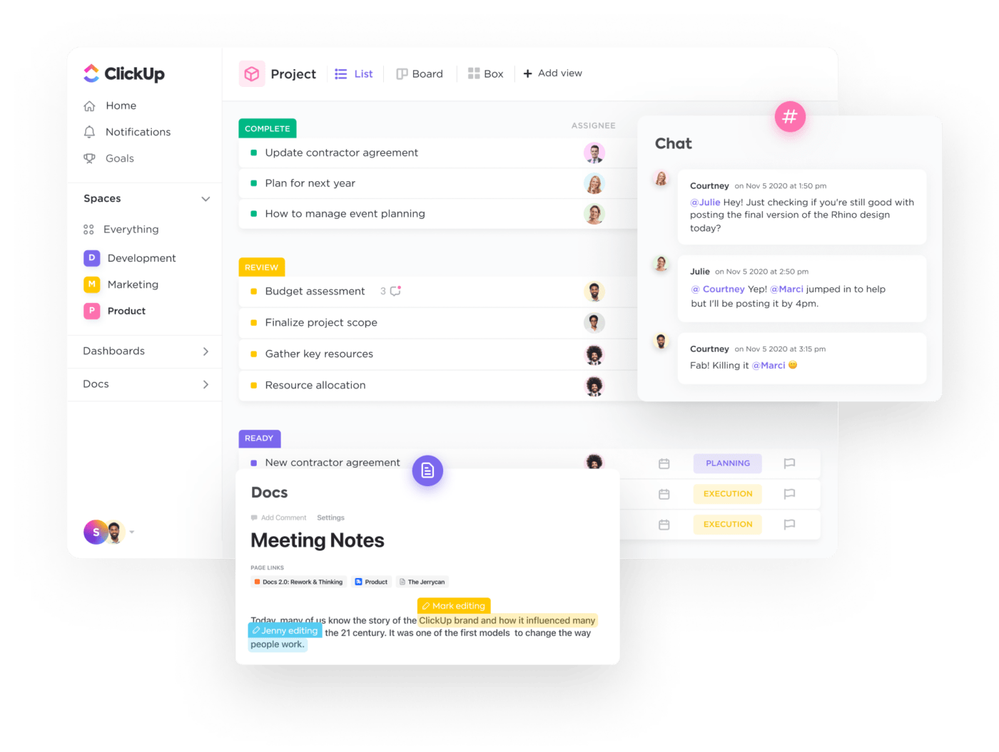 ClickUp Docs, Chat view, List view, and Homepage