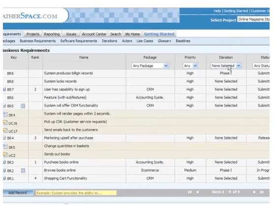 Exemplo de software de gerenciamento de requisitos GatherSpace