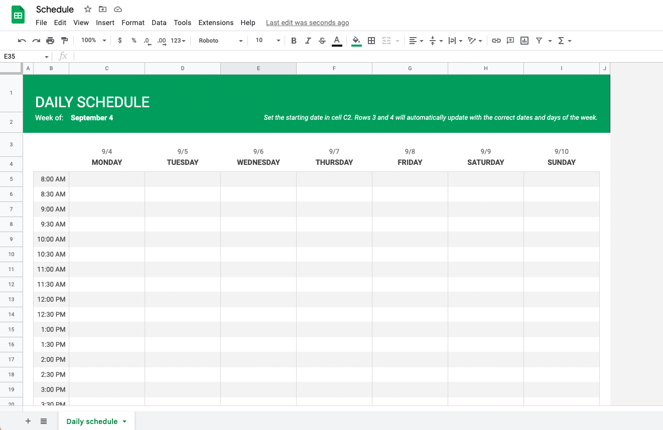 Google Sheets Schedule Maker Beispiel