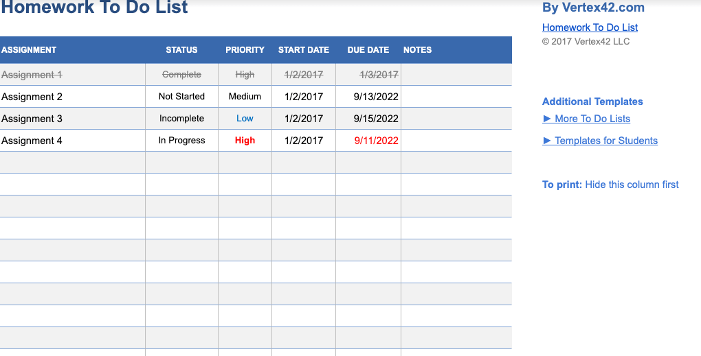 Excel homework to-do list template