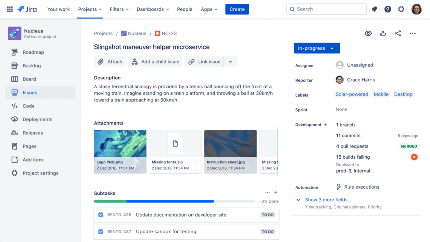 Przykład statusu rozwoju JIRA