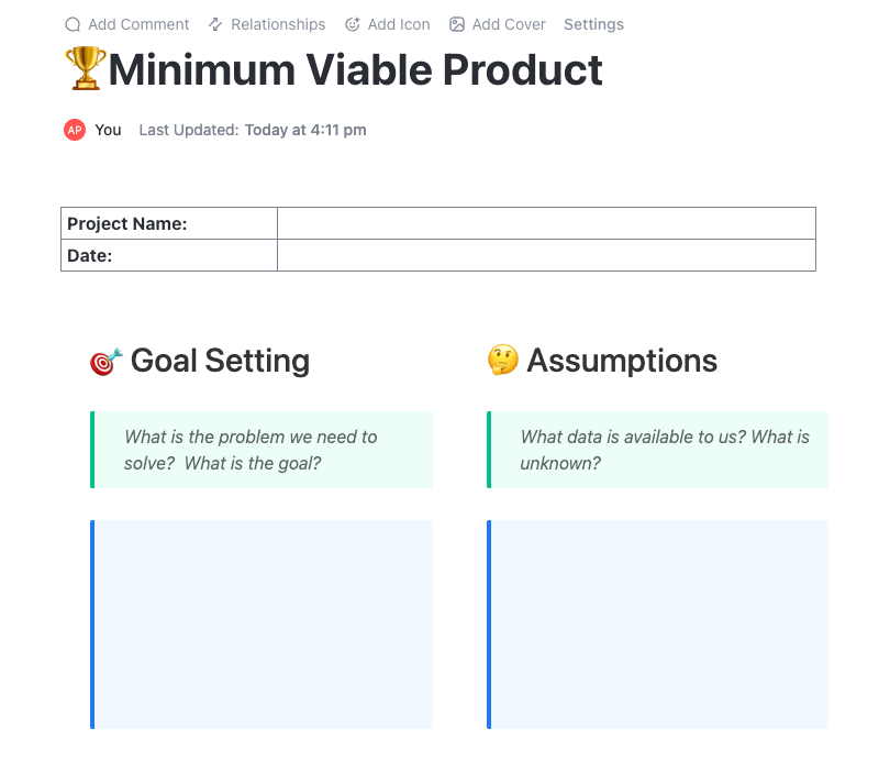 ClickUp Minimum Viable Product Template