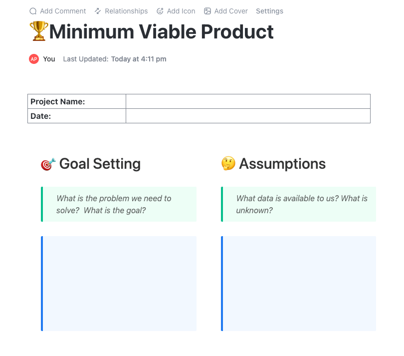 Modèles de produit minimum viable par ClickUp