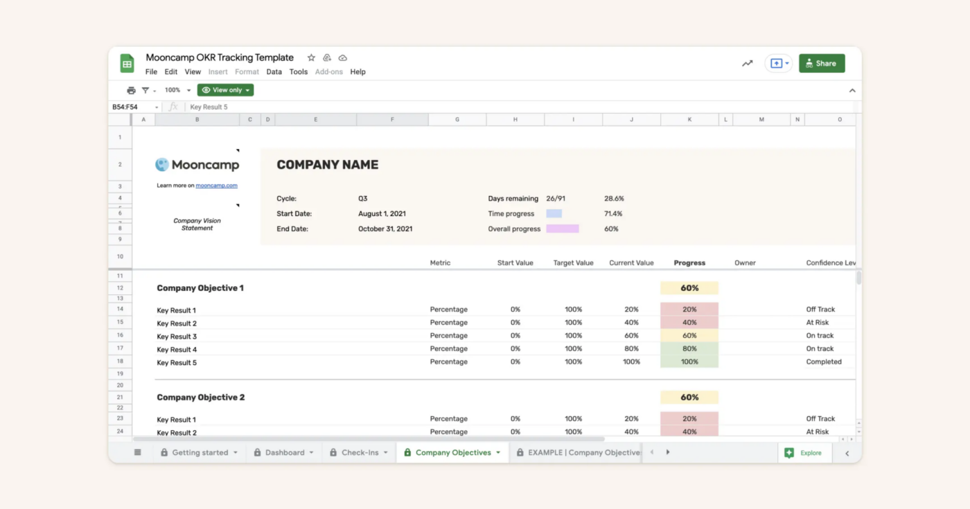 Mooncamp Google Sheets OKR Tracking Template Example