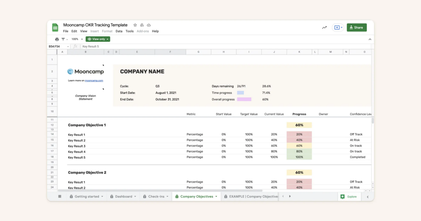 Mooncamp Google Sheets OKR-Tracking-Vorlage Beispiel