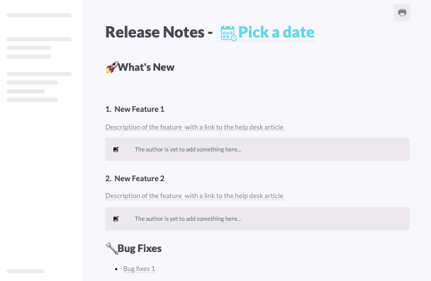 the product release notes template by kipwise includes placeholders to list new features and app updates