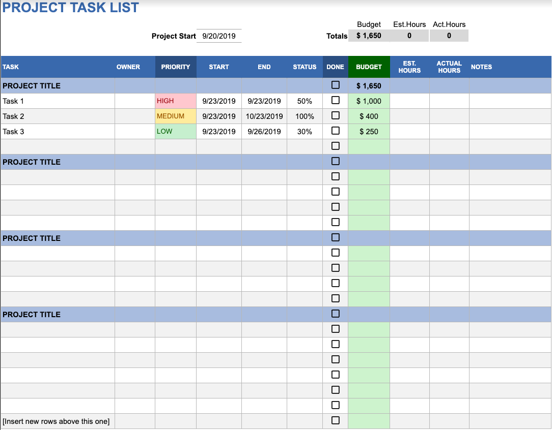 Excel project task list template