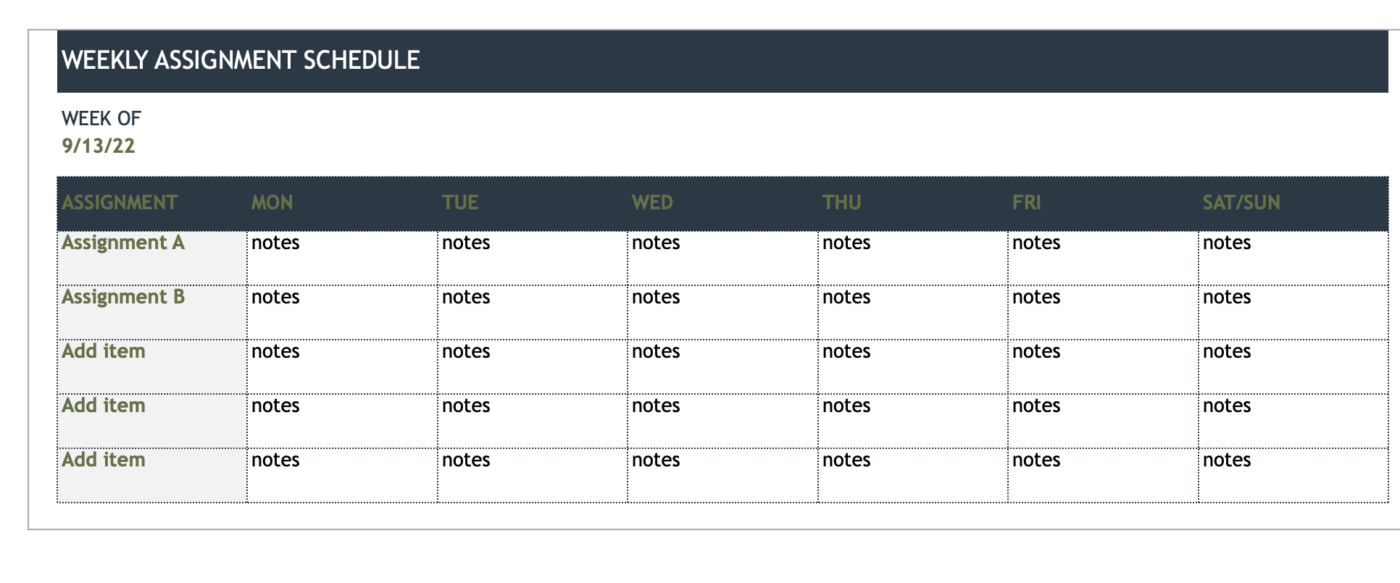 Excel weekly assignment to-do list template 