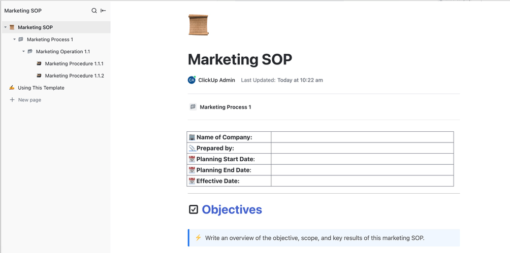 Modello di SOP di marketing di ClickUp