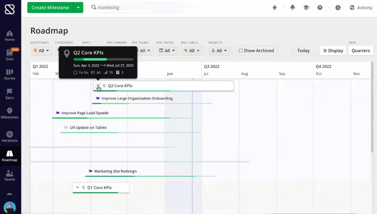 Shortcut Platform Example of Roadmap view