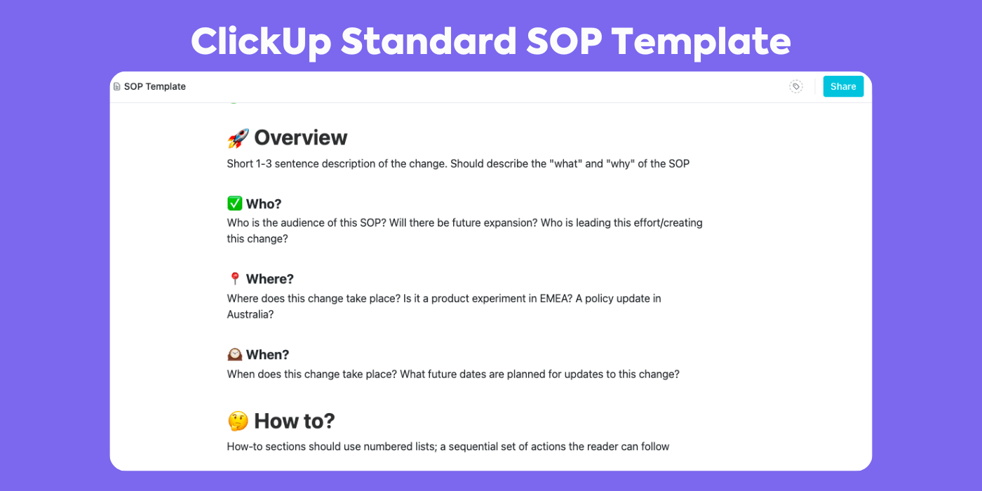 Easily create and implement new standard operating procedures across your company with this SOP template by ClickUp