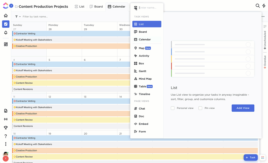 o clickup ajuda as empresas de construção a organizar o trabalho com várias visualizações