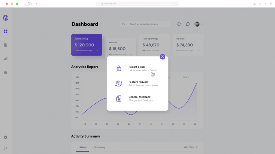 Plateforme Userback exemple de retour d'information dans l'application