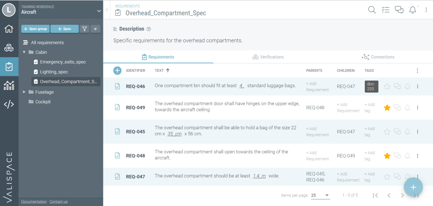 Valispace requirement list example