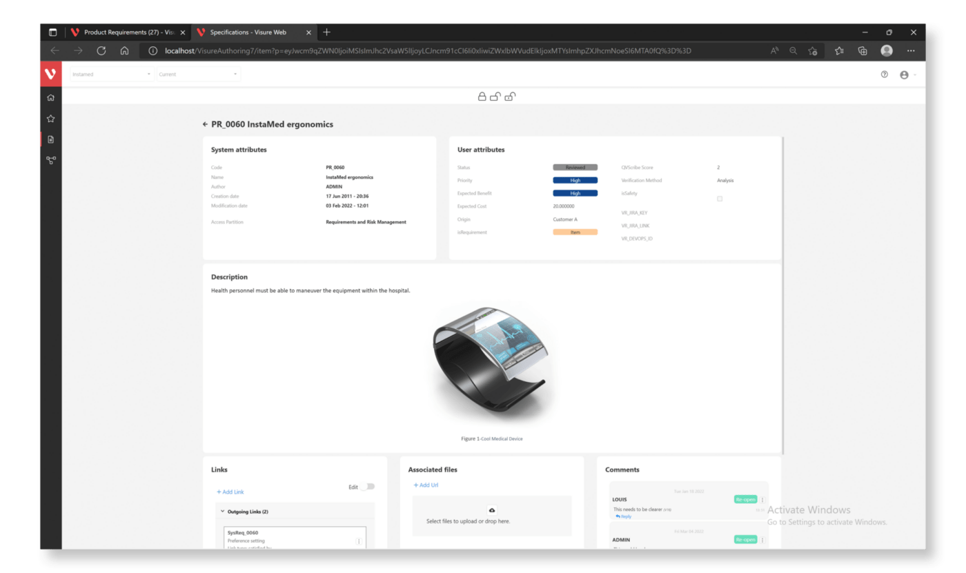 Visure requirements management tool example