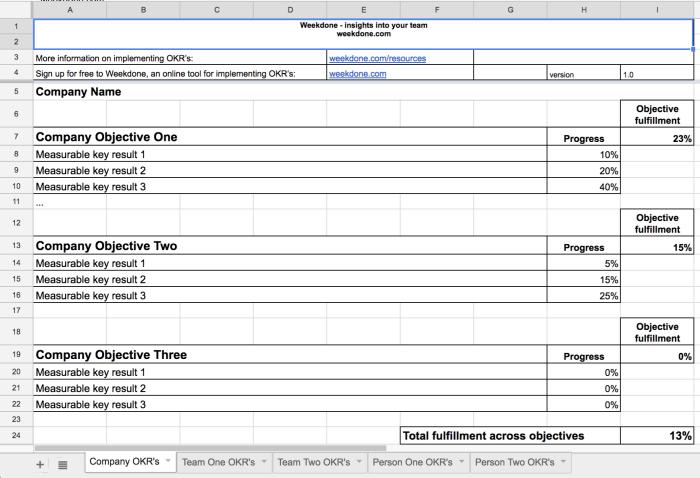 Modèle de feuille de calcul OKR Weekdone