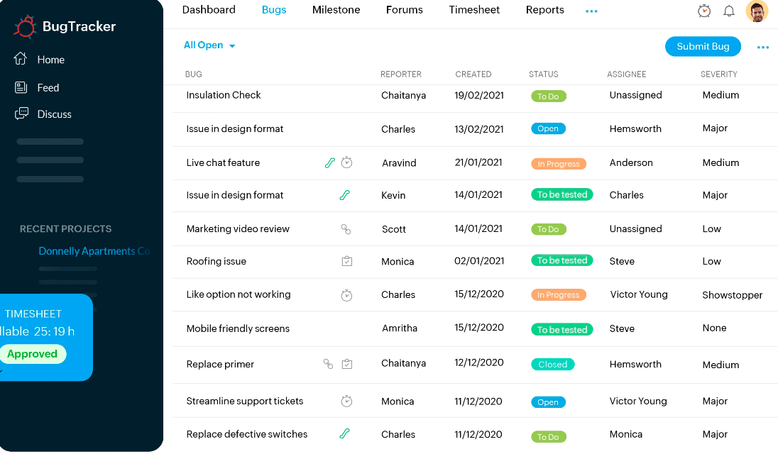 Exemple d'outil Zoho Bug Tracker