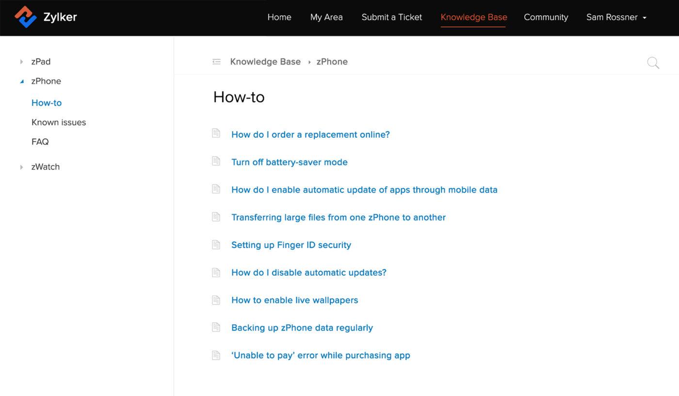 Zoho desk knowledge base software example