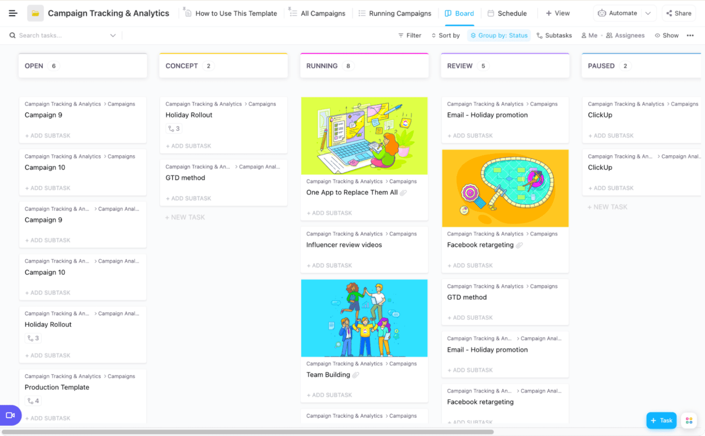 track all tasks with the campaign management template in clickup