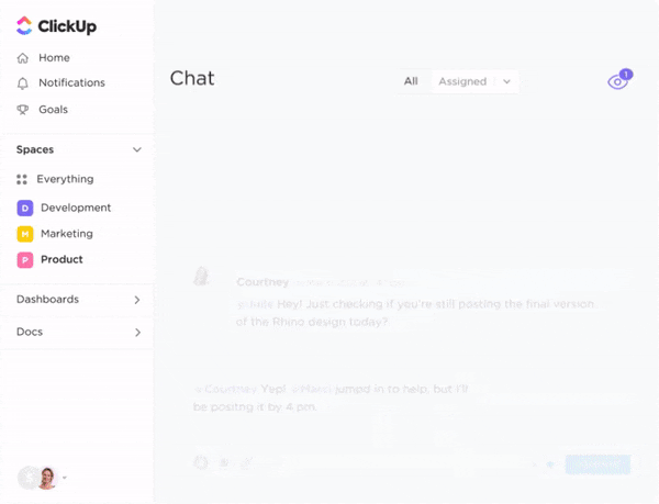 Communicate with your team with the instant messaging feature, Chat view, in ClickUp