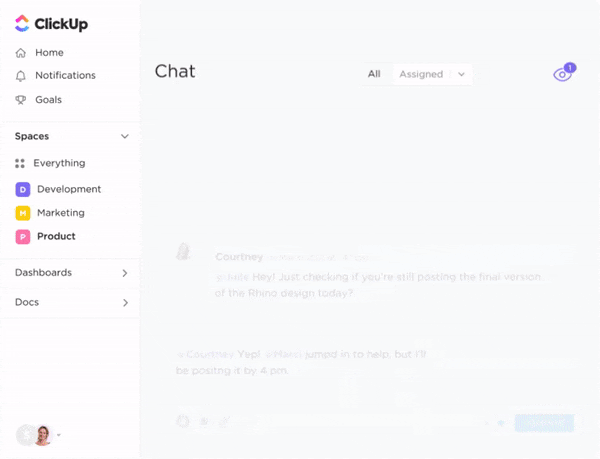 Communicate with your team with the instant messaging feature, Chat view, in ClickUp 