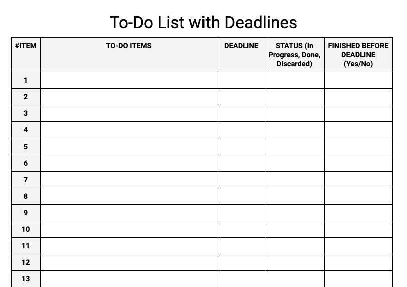 Excel to-do list with deadlines template