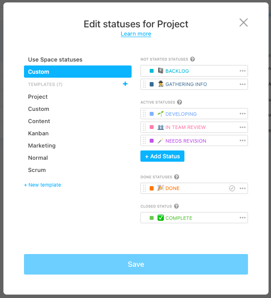 clickup's kanban interface allows you to add, edit, or remove task statuses without disrupting workflows