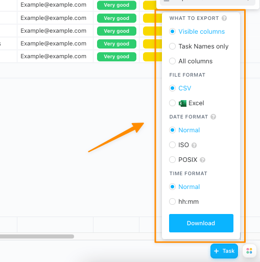 Exporter une vue de table dans ClickUp en tant que base de données Excel