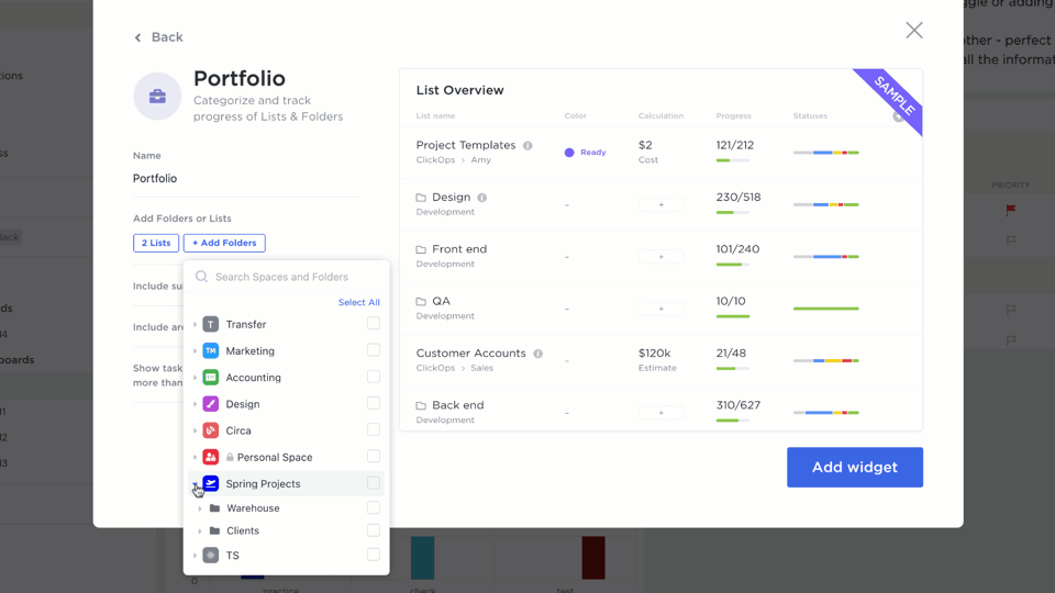 Get a high-level overview of how aligned initiatives are progressing with the Portfolio widget in ClickUp