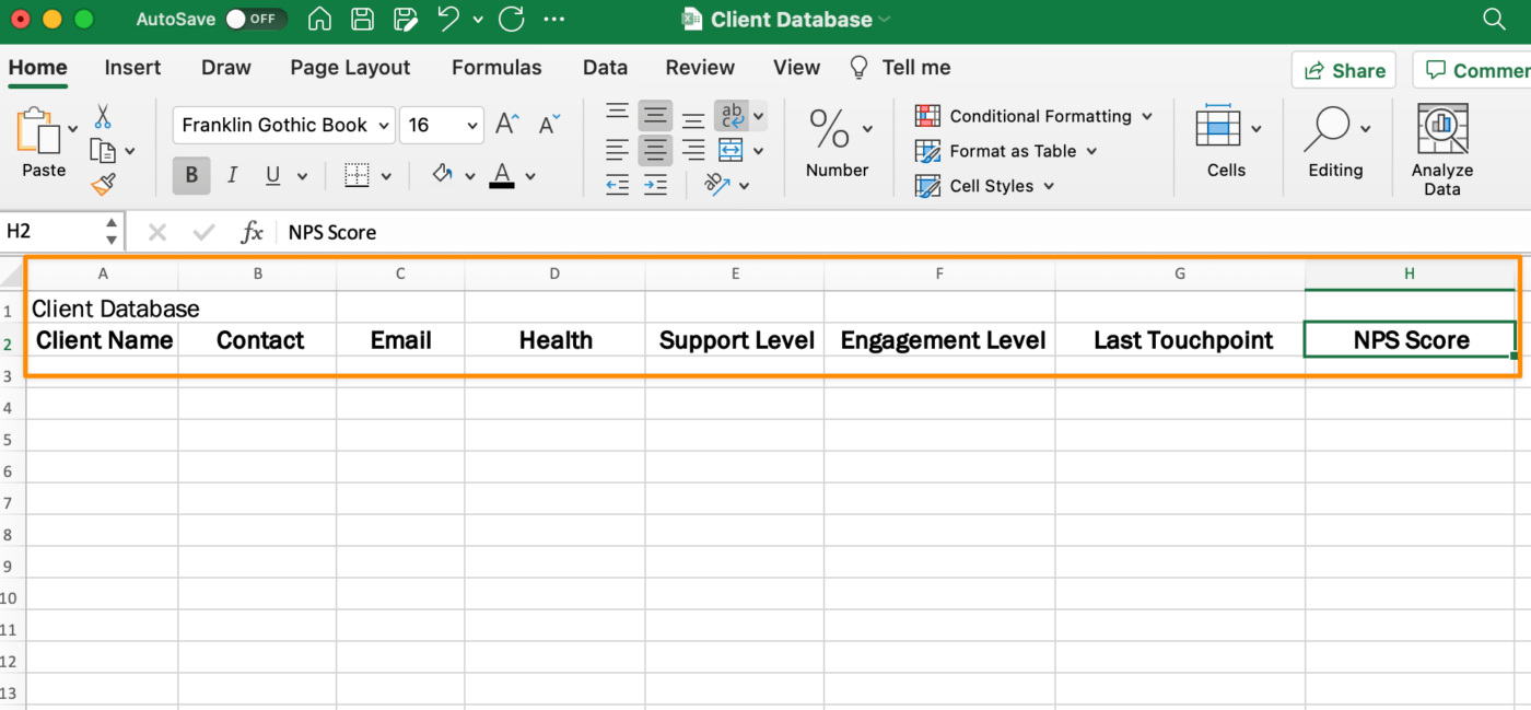 Add column headings to the second row of the excel database table 