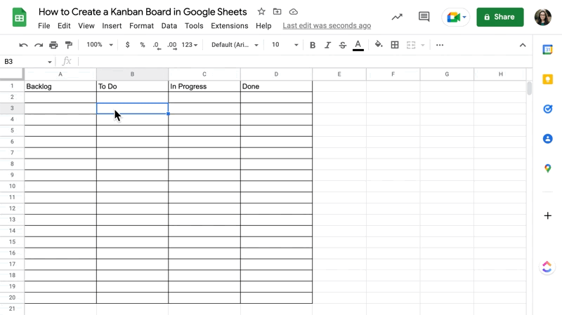 Format a kanban board in google sheets with alternating colors