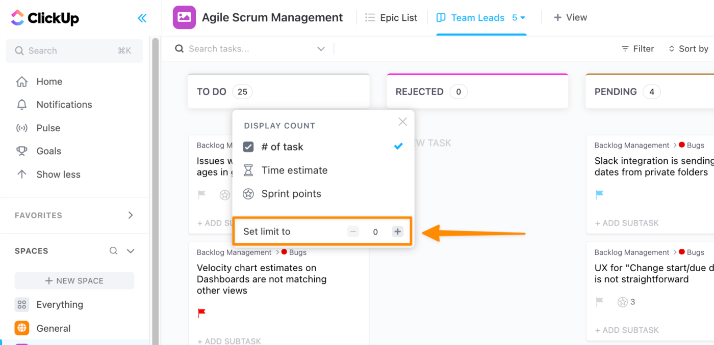 Mesurez la charge de travail par points de sprint, les estimations de temps, et plus encore avec les limites de travail en cours dans ClickUp