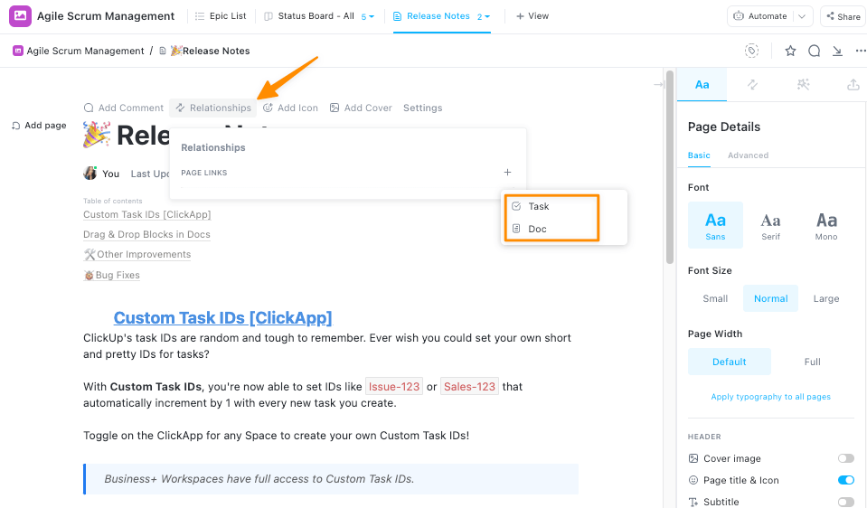 use relationships in clickup for connecting product release notes to work 
