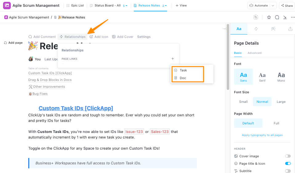 utiliser les relations dans ClickUp pour la connexion des notes de mise en production au travail