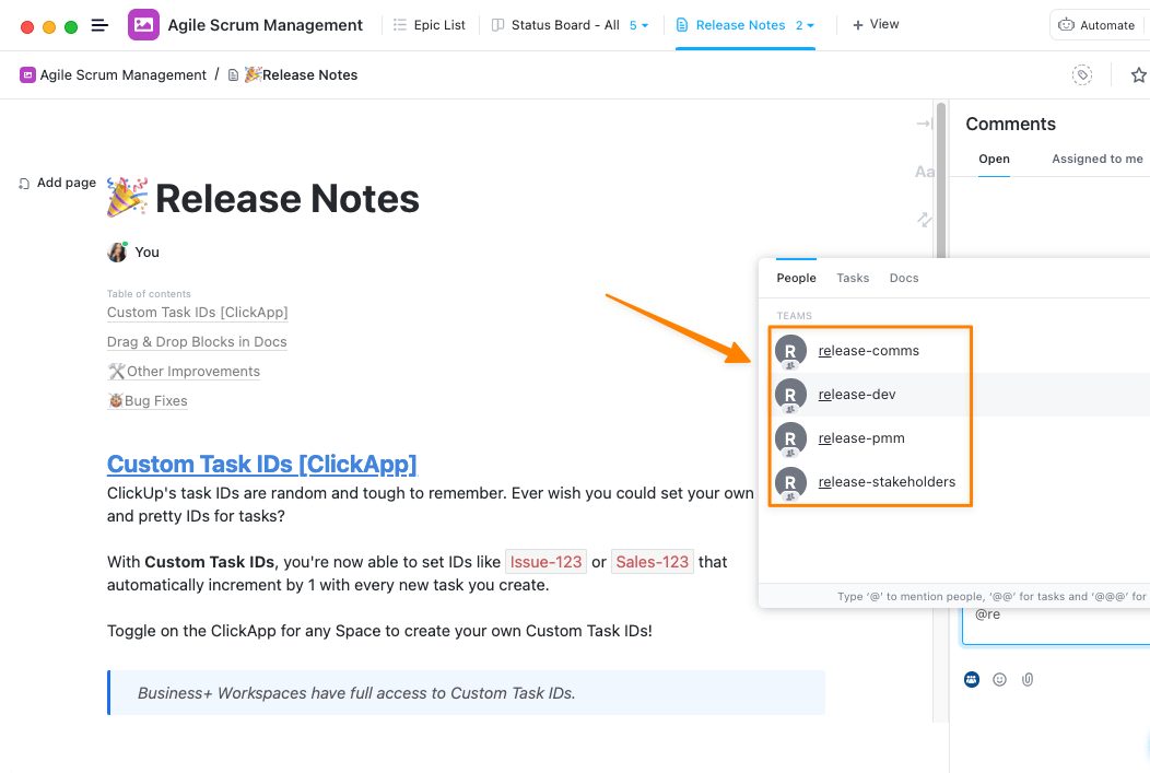 tag internal teams in the software release notes to leave feedback