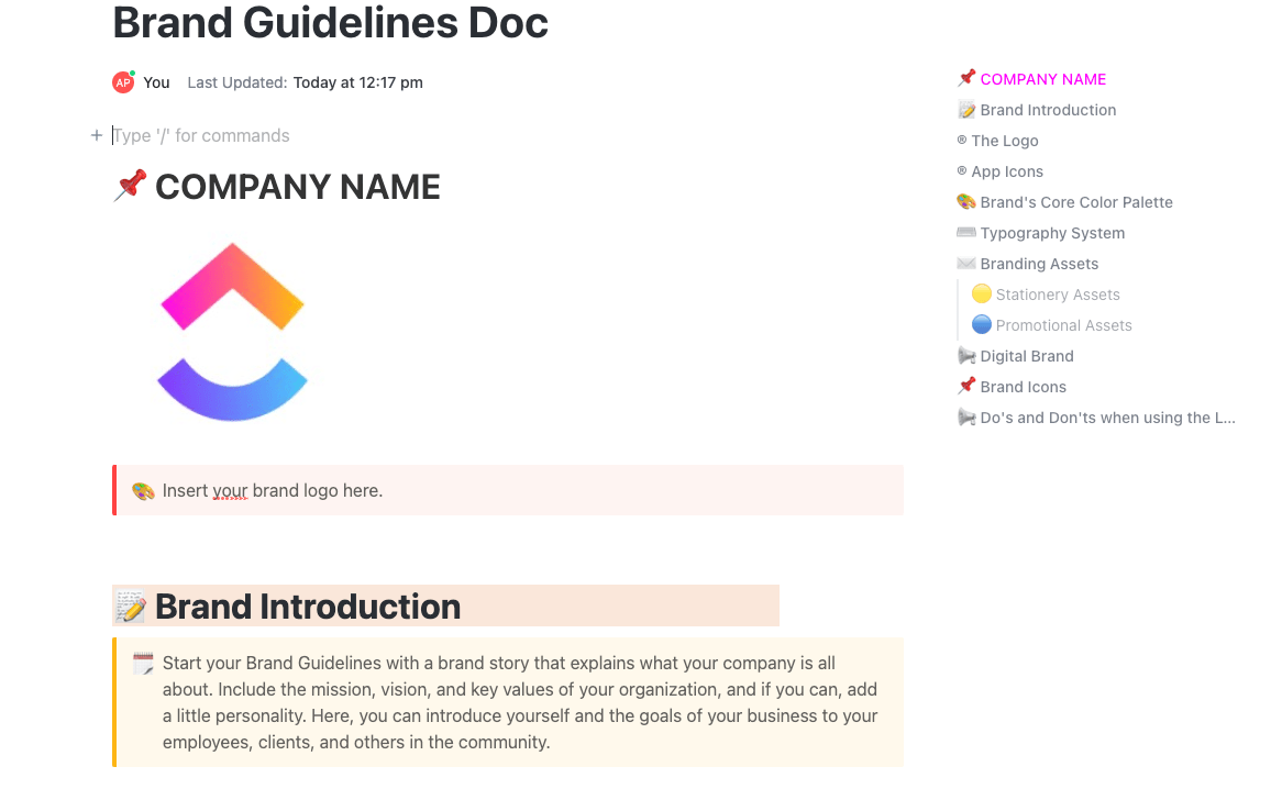 Organize all the elements of your brand identity in one place with the ClickUp Brand Guidelines Template