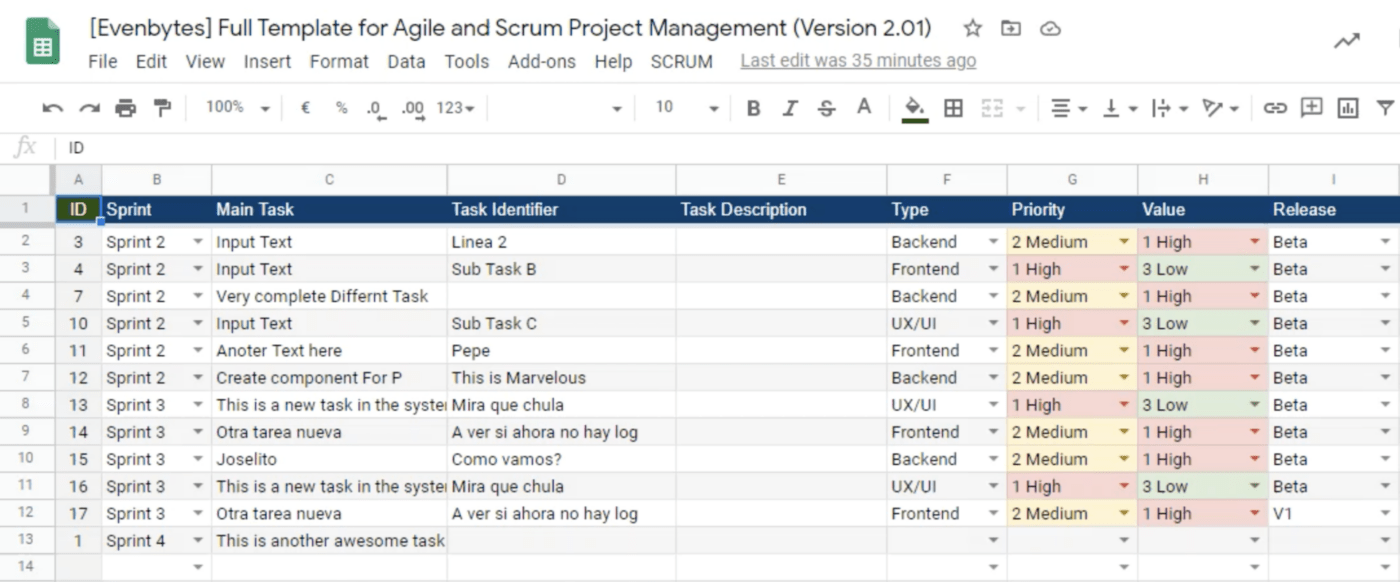 Agile Scrum Projects Reporting Template for Google Sheets