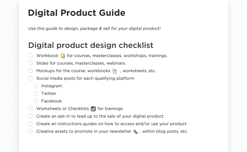 Modelo de lista de verificação de produtos digitais do ClickUp