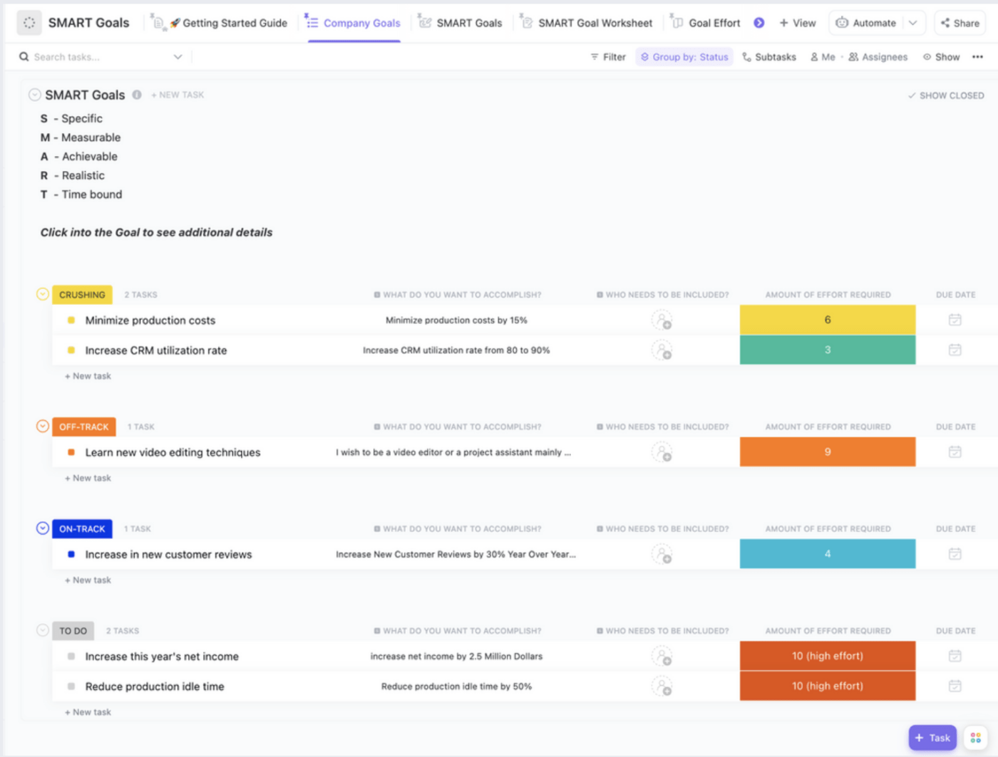 30-60-90 day plan templates: ClickUp SMART Goals Template