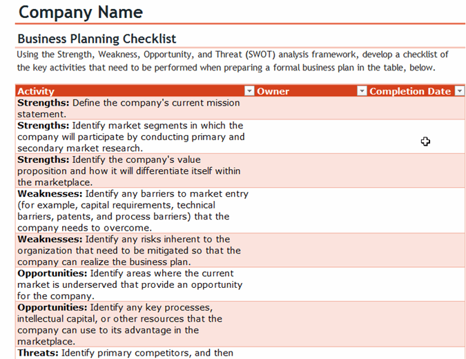 Microsoft Business-Plan Checkliste und SWOT-Analyse Vorlage Beispiel