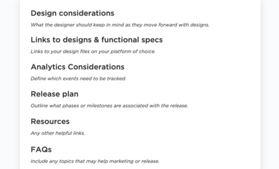 Ejemplo de briefing de producto realizado en ClickUp Docs